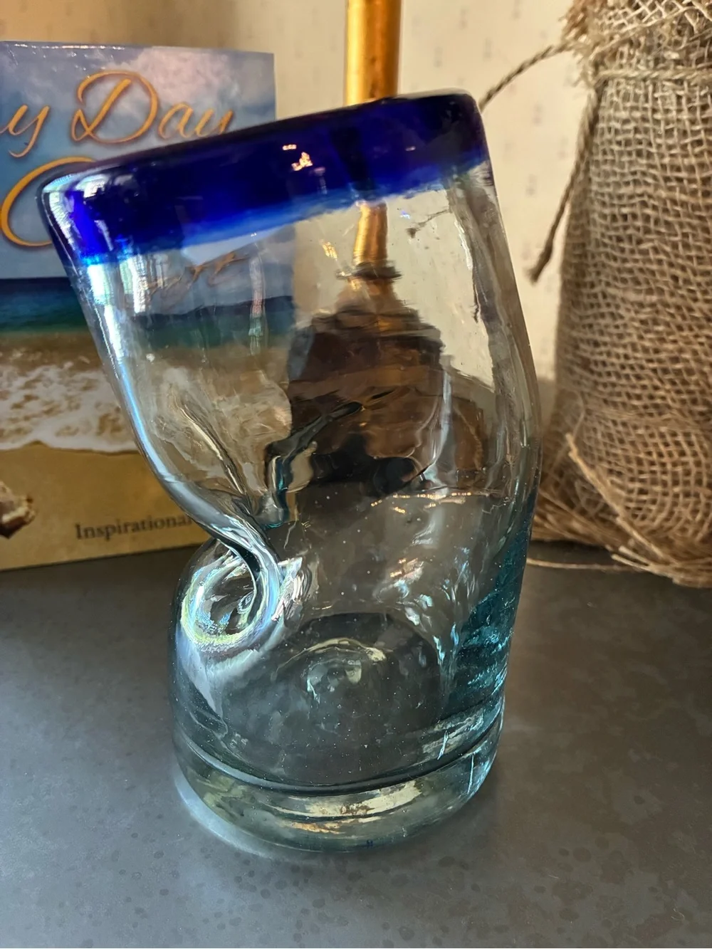 Set of 2 COBALT BLUE rim MEXICAN hand blown THICK glass tumblers. 5.5 inches.